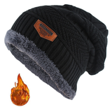 Gorro masculino de inverno em couro com etiqueta, tricotado, largo, grosso, com forro de lã.