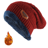 Gorro masculino de inverno em couro com etiqueta, tricotado, largo, grosso, com forro de lã.