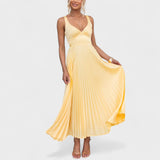 Aby - Vestido maxi amarelo plissado com decote em V - Ines Braga