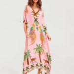 Alessandra | Vestido Longo Estampado de Arara Preto e Rosa - Ines Braga