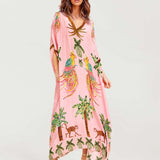 Alessandra | Vestido Longo Estampado de Arara Preto e Rosa - Ines Braga