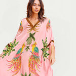 Alessandra | Vestido Longo Estampado de Arara Preto e Rosa - Ines Braga