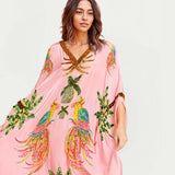 Alessandra | Vestido Longo Estampado de Arara Preto e Rosa - Ines Braga