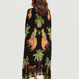 Alessandra | Vestido Longo Estampado de Arara Preto e Rosa - Ines Braga