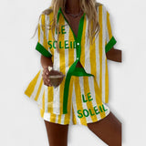 Amália | Conjunto Verão Linho Amarelo Listrado Leve - Ines Braga