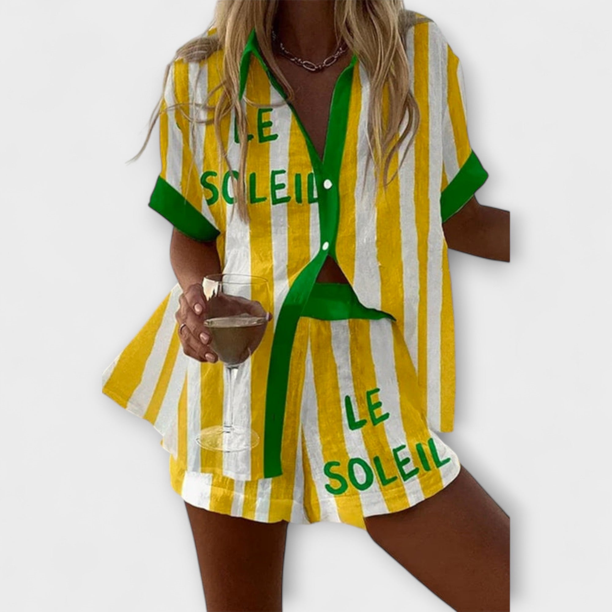 Amália | Conjunto Verão Linho Amarelo Listrado Leve - Ines Braga