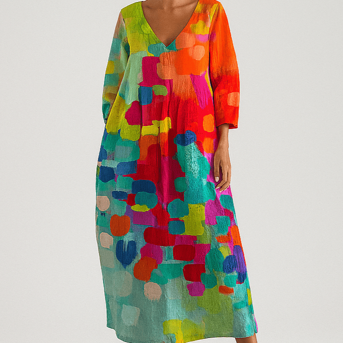 Anne | Vestido Fluido com Decote em V e Estampa Colorida - Ines Braga