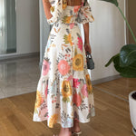 Anny | Vestido midi de gola quadrada com estampado floral e manga folhada - Ines Braga