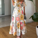 Anny | Vestido midi de gola quadrada com estampado floral e manga folhada - Ines Braga