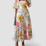 Anny | Vestido midi de gola quadrada com estampado floral e manga folhada - Ines Braga