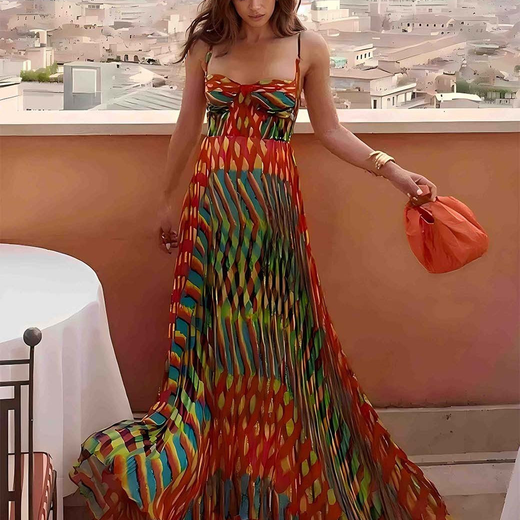 Aria | Vestido Maxi Estampado Abstrato Sem Mangas com Corte A - Line - Ines Braga