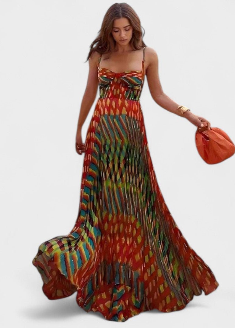 Aria | Vestido Maxi Estampado Abstrato Sem Mangas com Corte A - Line - Ines Braga