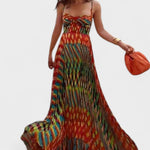 Aria | Vestido Maxi Estampado Abstrato Sem Mangas com Corte A - Line - Ines Braga