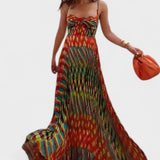 Aria | Vestido Maxi Estampado Abstrato Sem Mangas com Corte A - Line - Ines Braga