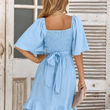 Claire | Vestido Midi Azul - Claro de Verão com Cinto Envolvente - Ines Braga