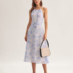 Clarice | Vestido Midi Azul Floral com Decote Halter - Ines Braga