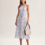 Clarice | Vestido Midi Azul Floral com Decote Halter - Ines Braga