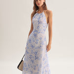 Clarice | Vestido Midi Azul Floral com Decote Halter - Ines Braga