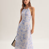 Clarice | Vestido Midi Azul Floral com Decote Halter - Ines Braga