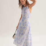 Clarice | Vestido Midi Azul Floral com Decote Halter - Ines Braga