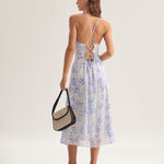 Clarice | Vestido Midi Azul Floral com Decote Halter - Ines Braga