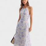 Clarice | Vestido Midi Azul Floral com Decote Halter - Ines Braga