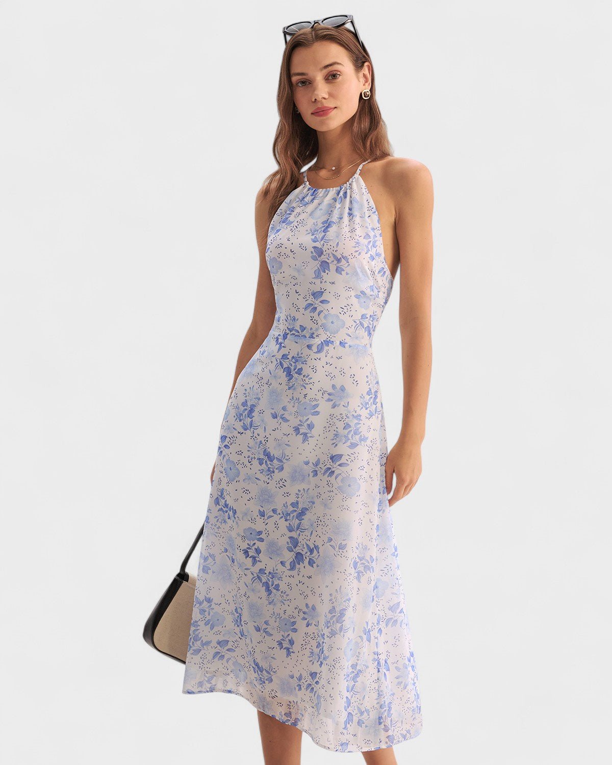 Clarice | Vestido Midi Azul Floral com Decote Halter - Ines Braga