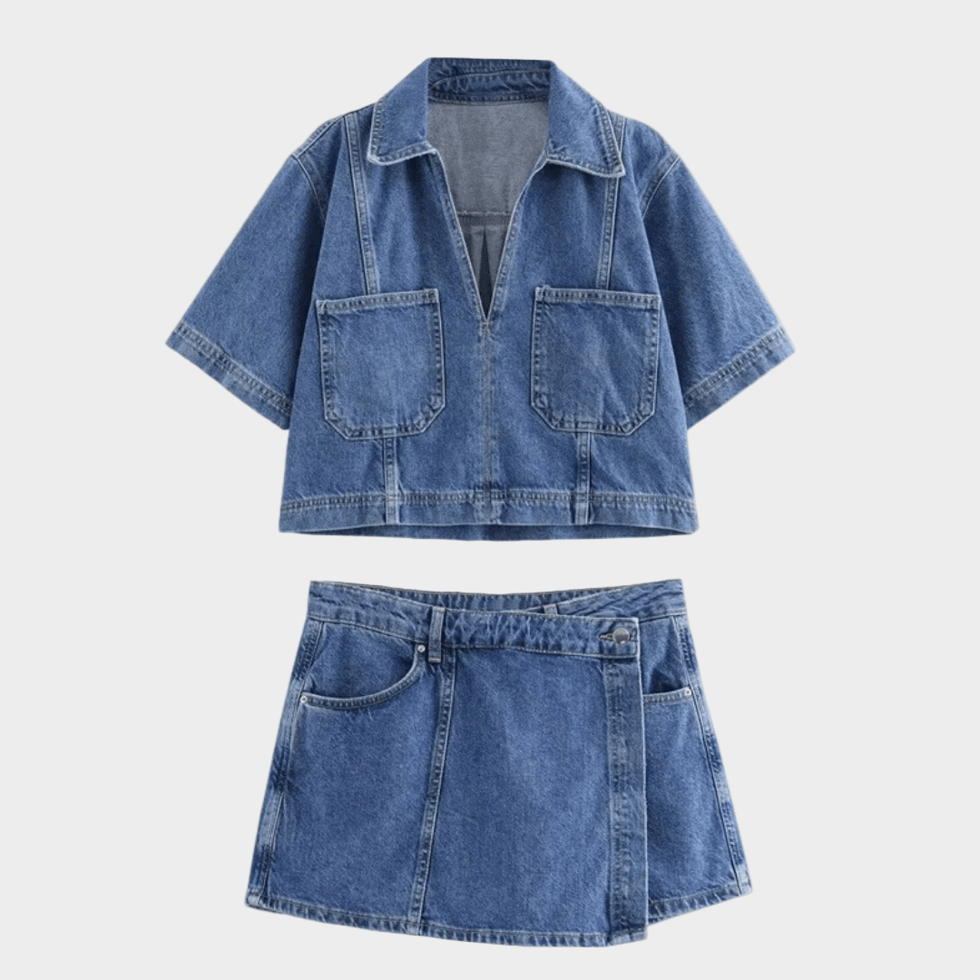 Conjunto de jeans com decote em V - Ines Braga