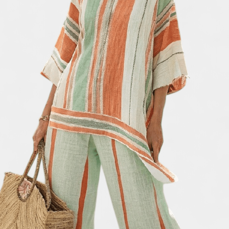 Dalila | Conjunto De Linho De Bambu Com Riscas Elegante - Ines Braga