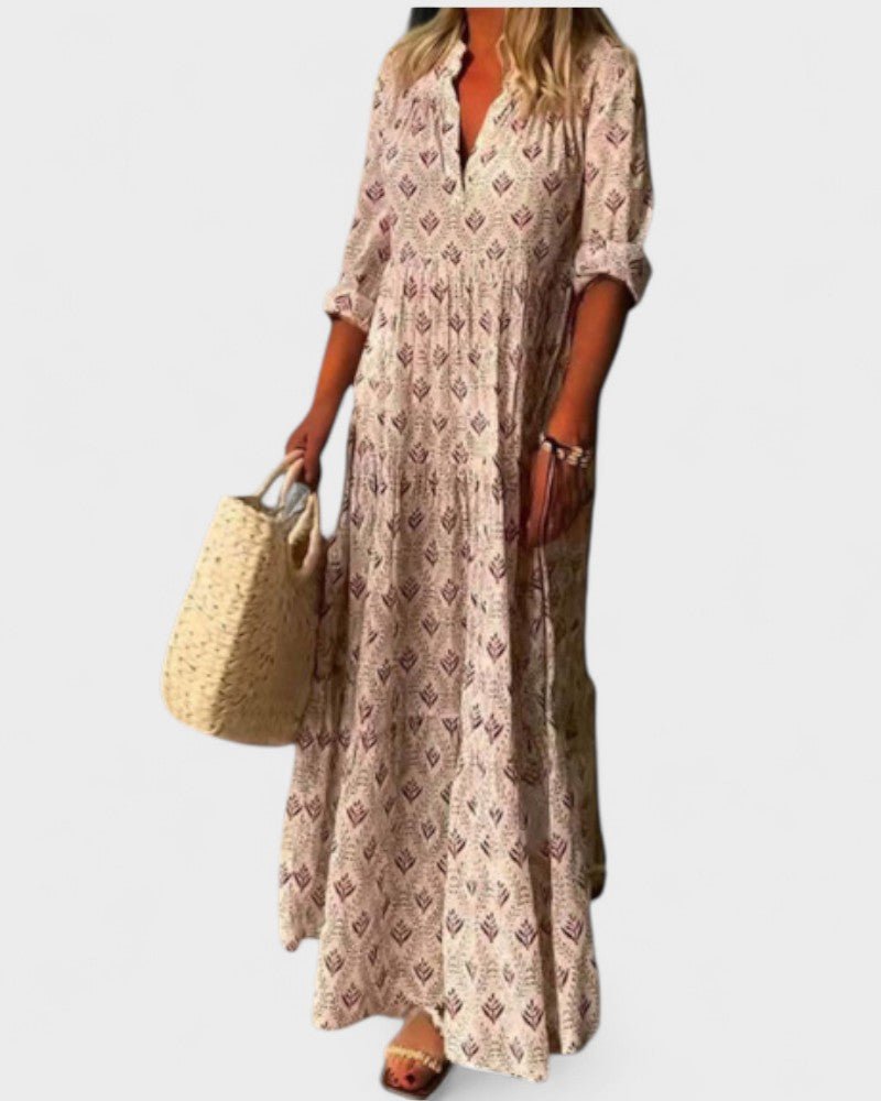 Eduarda | Vestido Longo Vintage com Decote V e Estampa Suave - Ines Braga