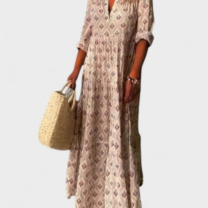 Eduarda | Vestido Longo Vintage com Decote V e Estampa Suave - Ines Braga