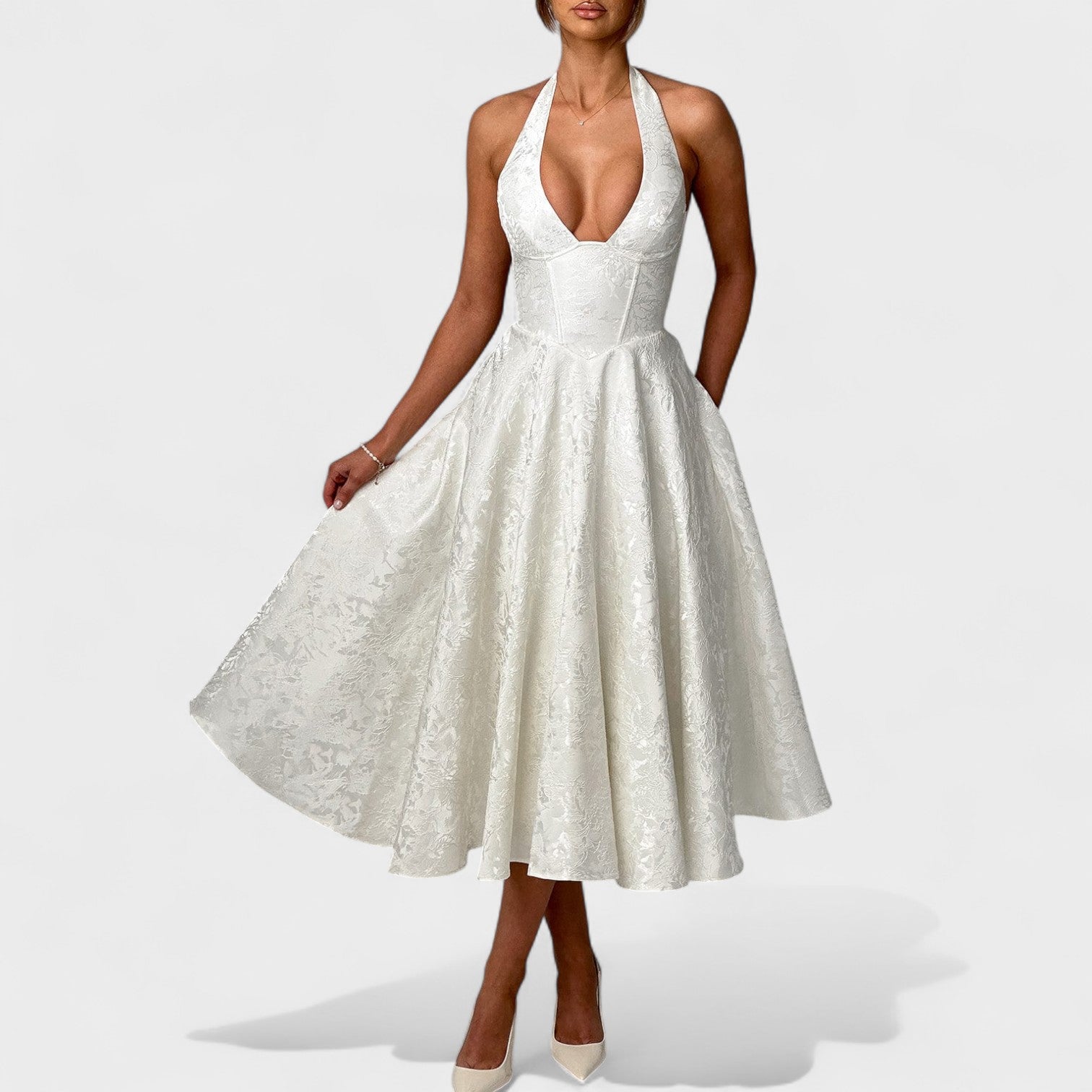 Effie - Vestido midi texturado com decote V - Ines Braga