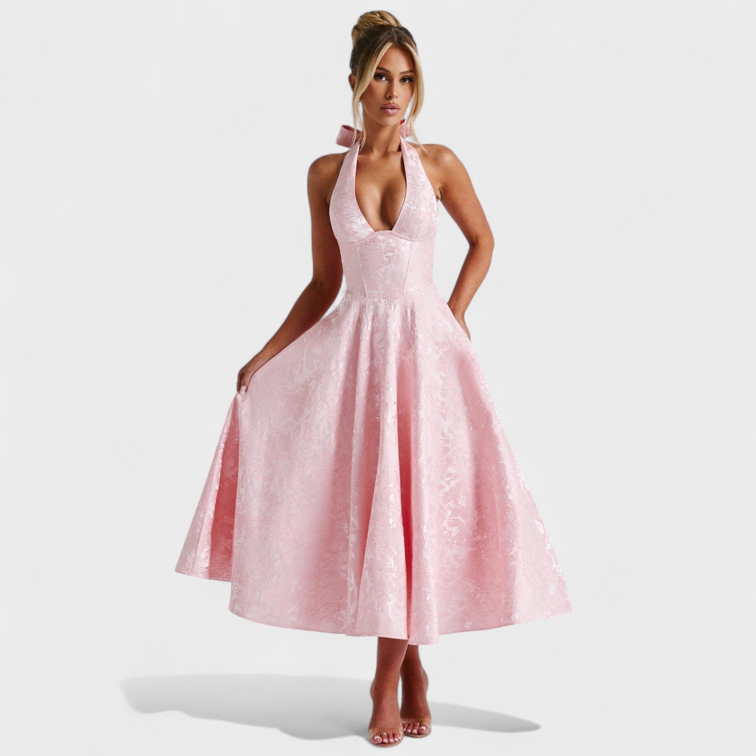 Effie - Vestido midi texturado com decote V - Ines Braga