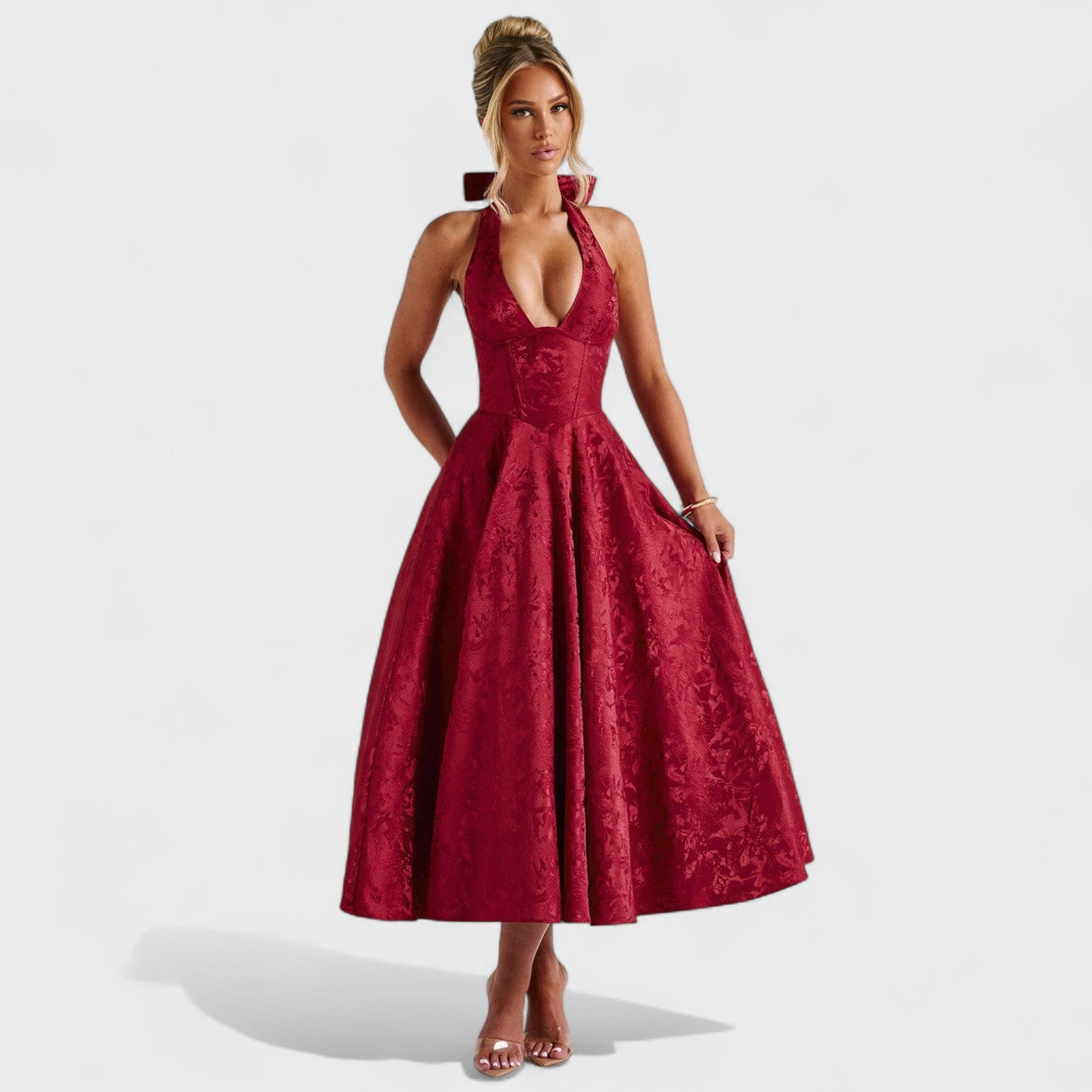 Effie - Vestido midi texturado com decote V - Ines Braga