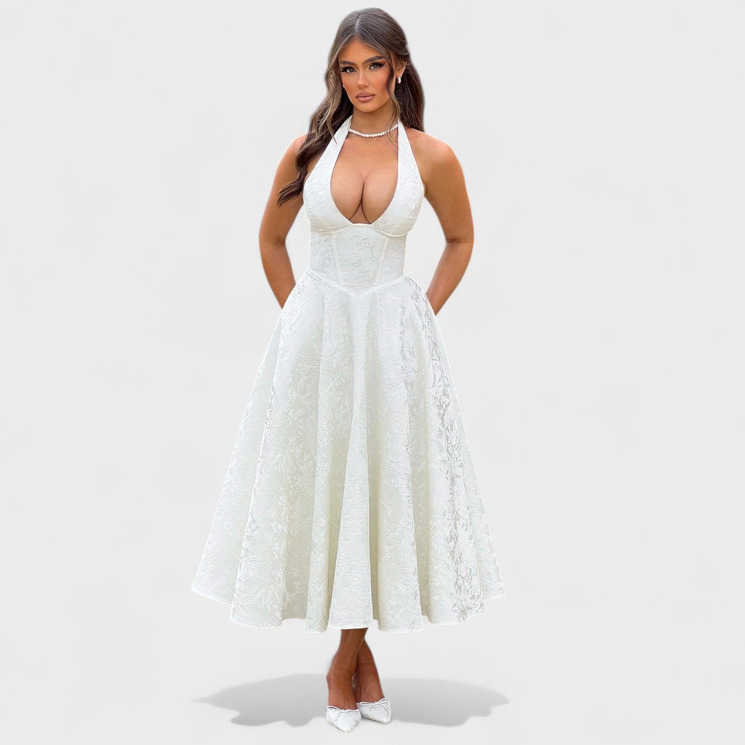 Effie - Vestido midi texturado com decote V - Ines Braga