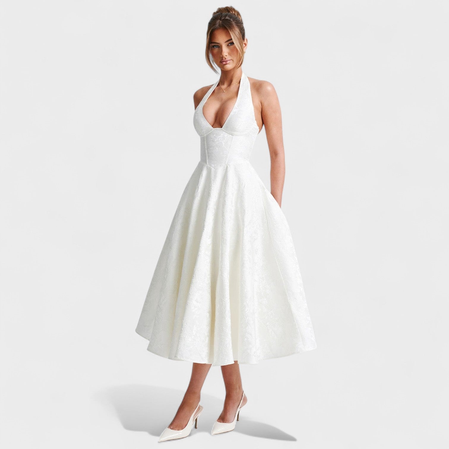 Effie - Vestido midi texturado com decote V - Ines Braga