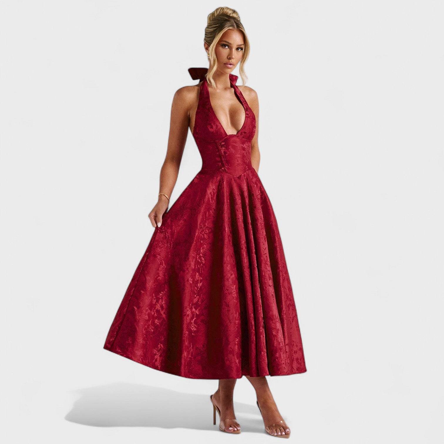 Effie - Vestido midi texturado com decote V - Ines Braga