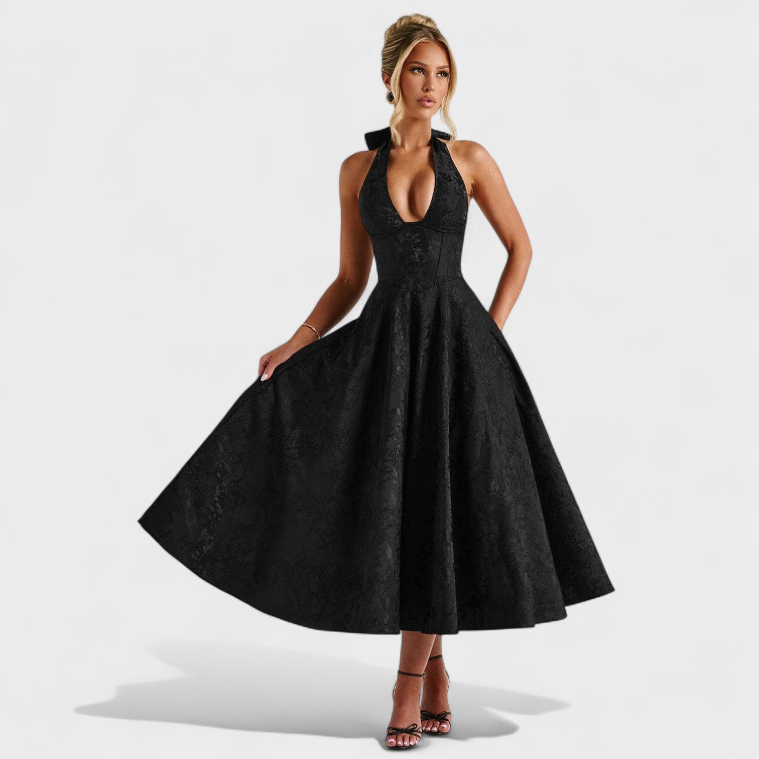 Effie - Vestido midi texturado com decote V - Ines Braga