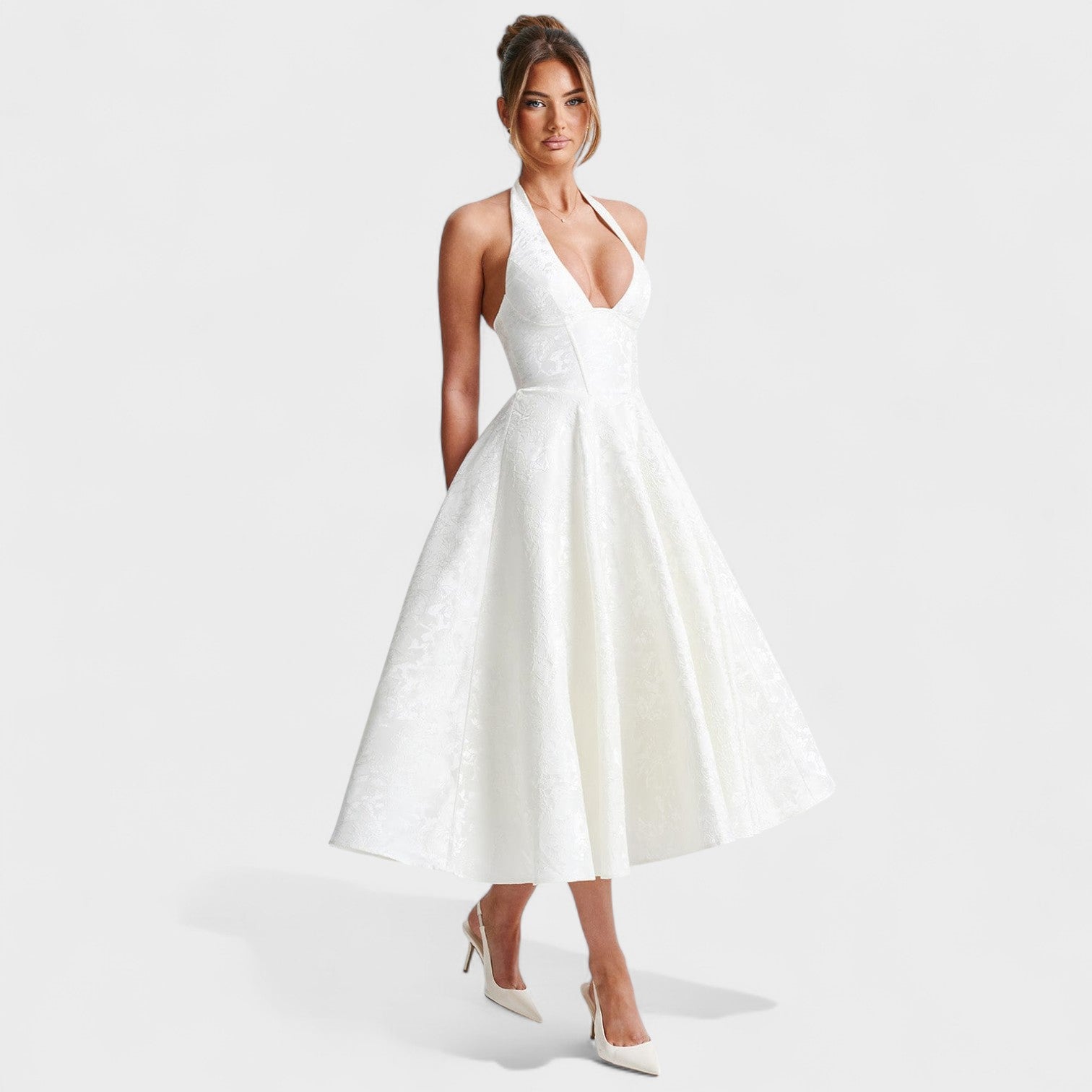 Effie - Vestido midi texturado com decote V - Ines Braga