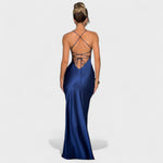 Elena - Vestido de cetim cruzado azul meia - noite - Ines Braga