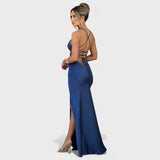 Elena - Vestido de cetim cruzado azul meia - noite - Ines Braga