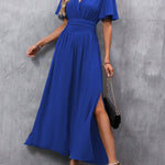 Eterna | Vestido Maxi Elegante Preto com Decote V, Mangas Fluidas e Fenda - Ines Braga