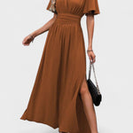 Eterna | Vestido Maxi Elegante Preto com Decote V, Mangas Fluidas e Fenda - Ines Braga