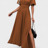 Eterna | Vestido Maxi Elegante Preto com Decote V, Mangas Fluidas e Fenda - Ines Braga