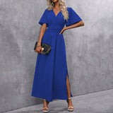 Eterna | Vestido Maxi Elegante Preto com Decote V, Mangas Fluidas e Fenda - Ines Braga