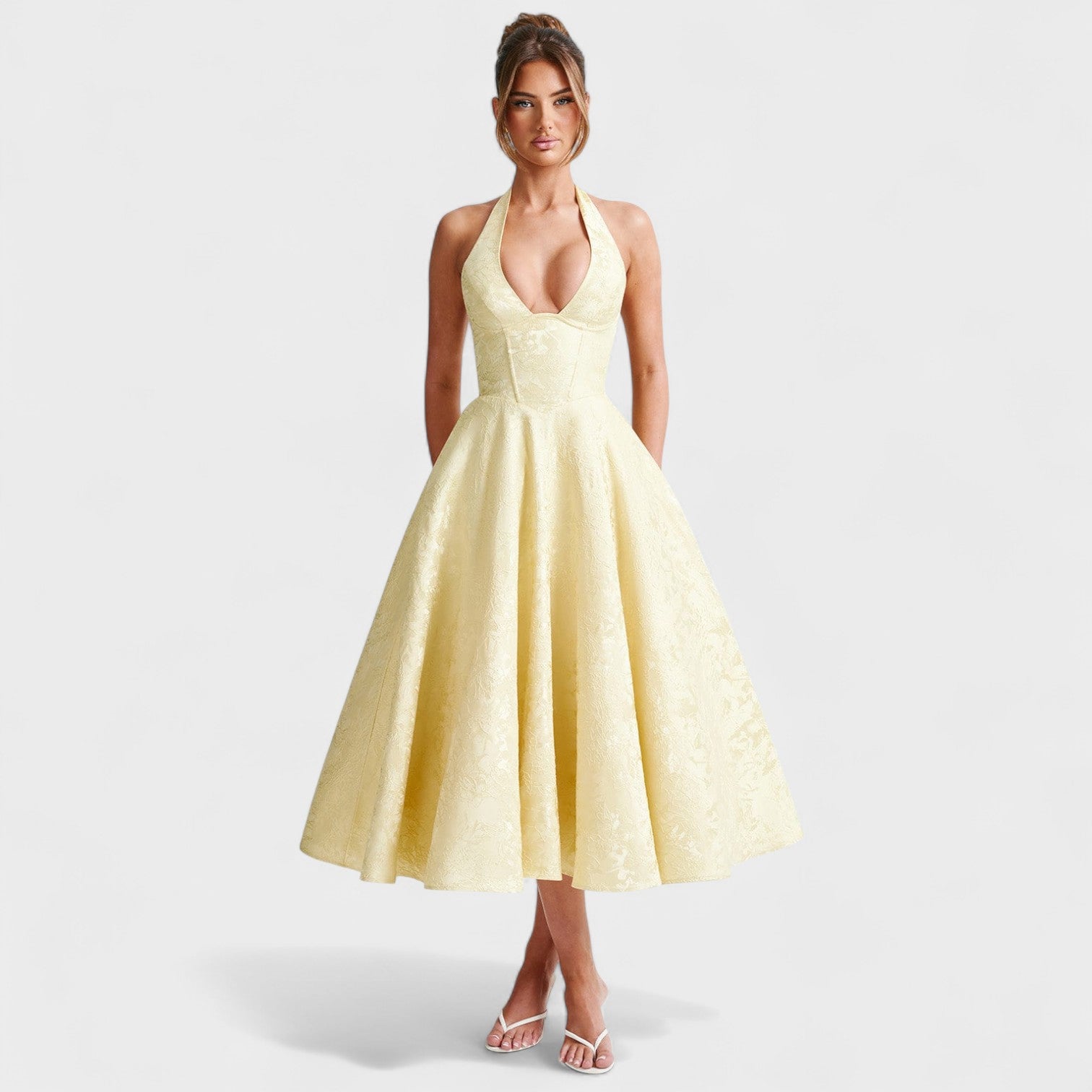 Halina - Vestido midi com espartilho e folhos - Ines Braga