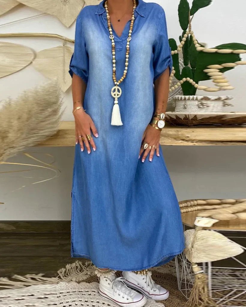 Ibiza | Vestido Maxi De Ganga Com Detalhes Modernos - Ines Braga