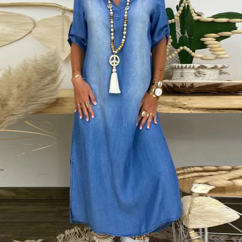 Ibiza | Vestido Maxi De Ganga Com Detalhes Modernos - Ines Braga