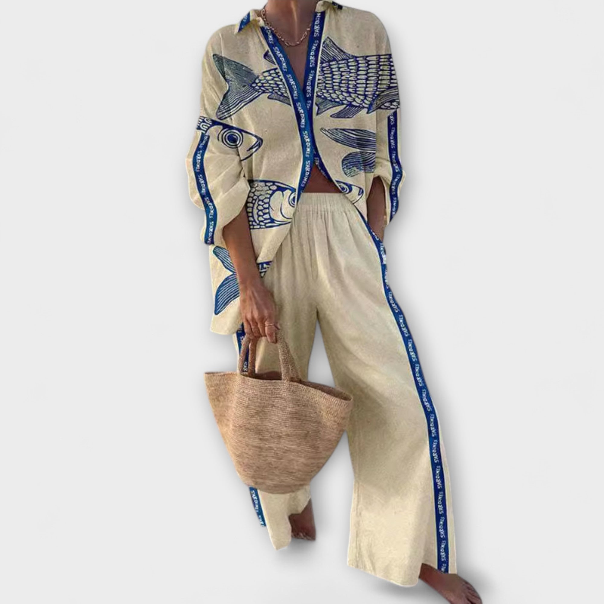 Inês| Conjunto Yazette Com Estampa Azul De Peixe Leve - Ines Braga