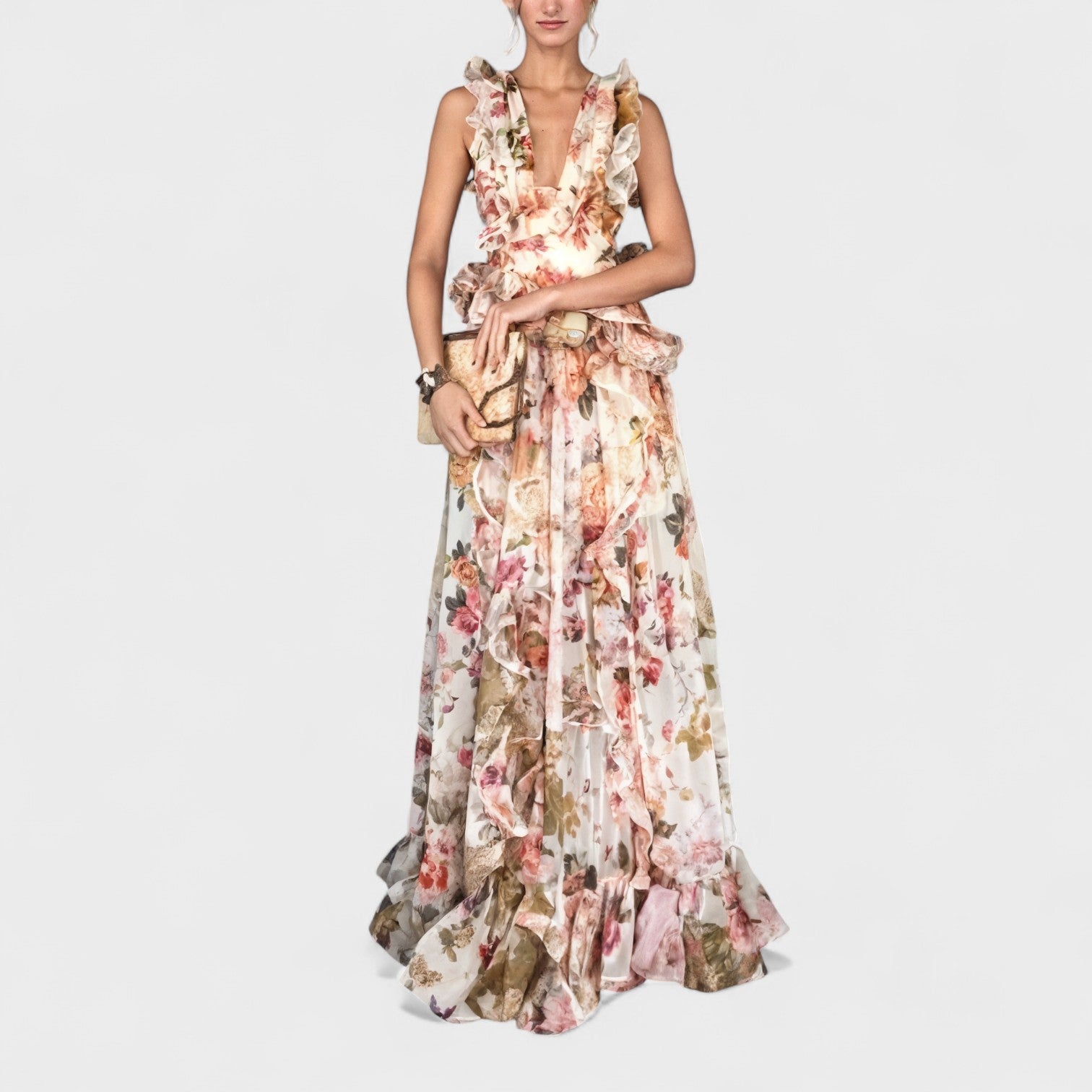 Isabela - Vestido comprido com folhos florais - Ines Braga